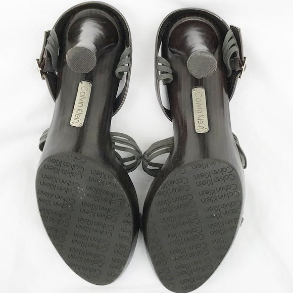 CALVIN KLEIN Brown Crochet Leather Wood Heels Sz10 - Picture 7 of 8
